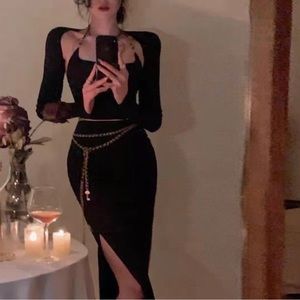 Knitted suit open dress hanging neck jacket cardigan three pieces